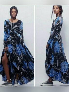 FREE PEOPLE First Kiss Floral botanical night  Maxi Dress sz M lined boho EUC